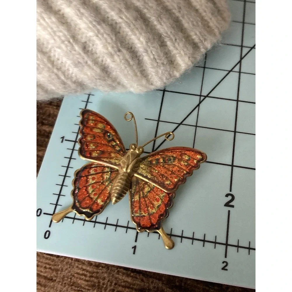 Whimsical Orange Enamel Butterfly‎ Brooch Gold Tone Glitter Pin Fairy Novelty